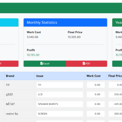 Repair workshop management system (phones, electronics, computers, etc.) with order status tracking.
