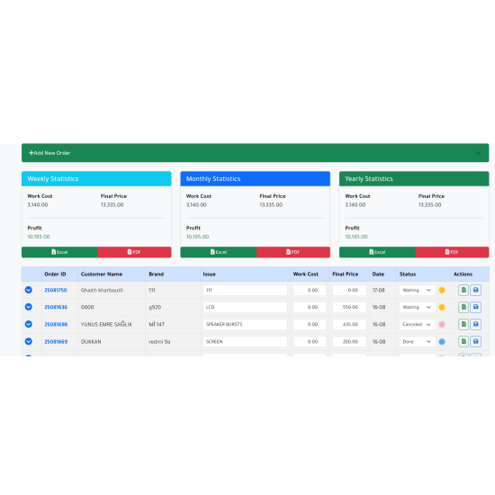 Repair workshop management system (phones, electronics, computers, etc.) with order status tracking. Repair workshop management system (phones, electronics, computers, etc.) with order status tracking.